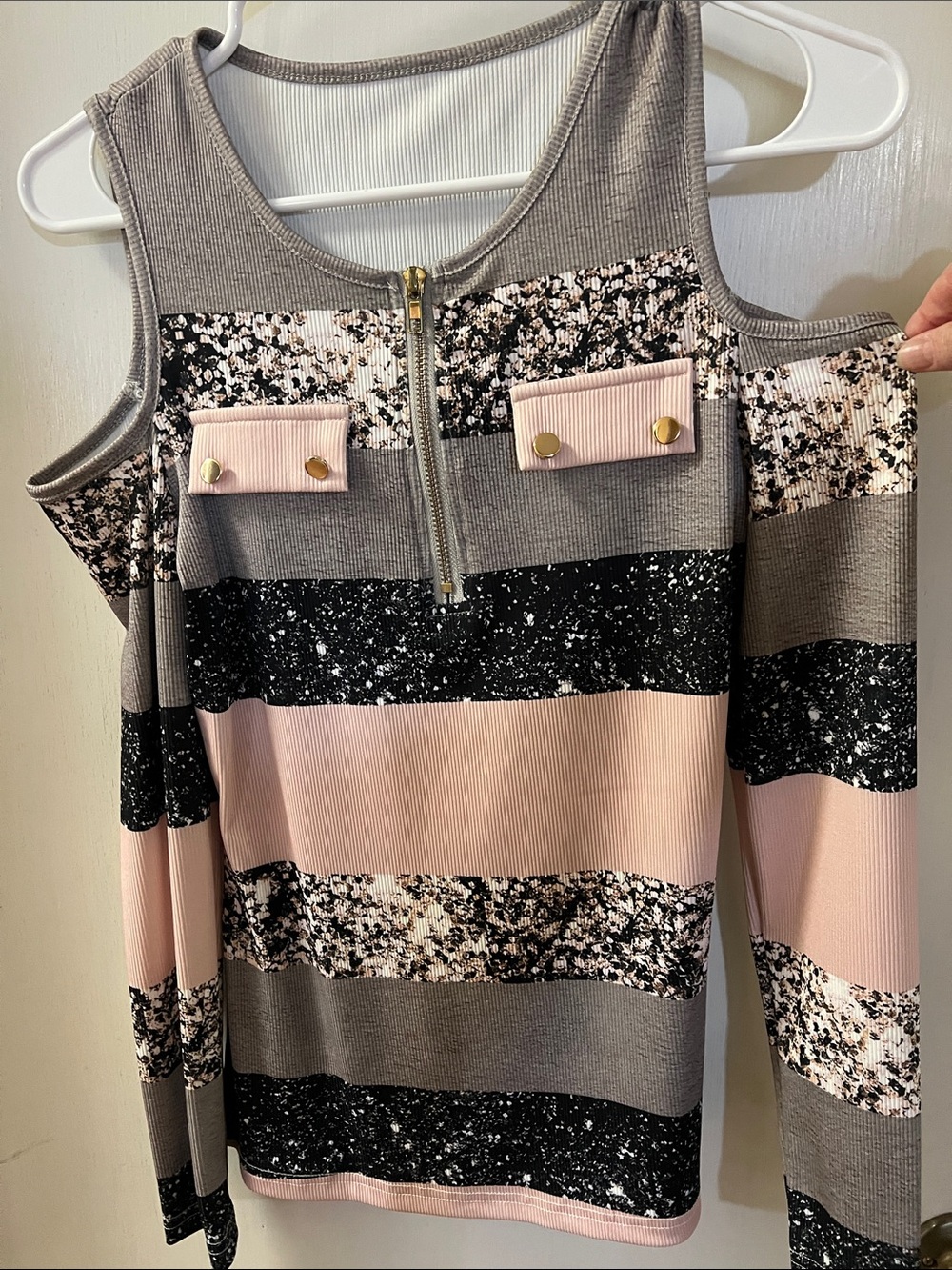 Cold-Shoulder Striped Ribbed Top in Pink, Gray and Black